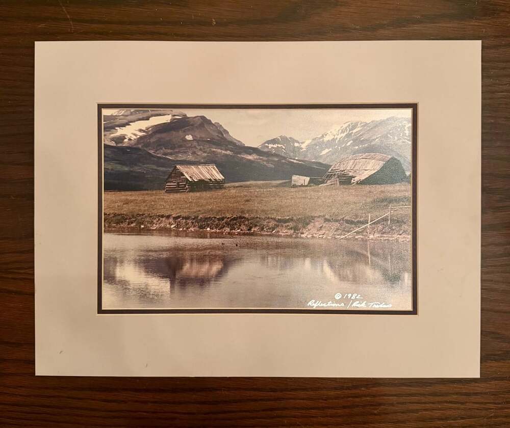 Rick Trebas Vintage 1982 Reflections Photograph Print Matted of Old Barn Buildin